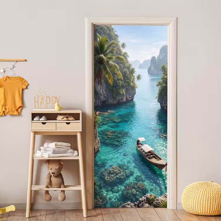Eiland - Tropisch - Water - Palmbomen - Natuur deurposter klein -sfeer4