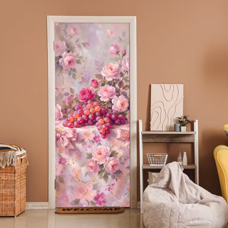 Eten - Bloemen - Stilleven - Roze - Goud deurposter klein -sfeer1