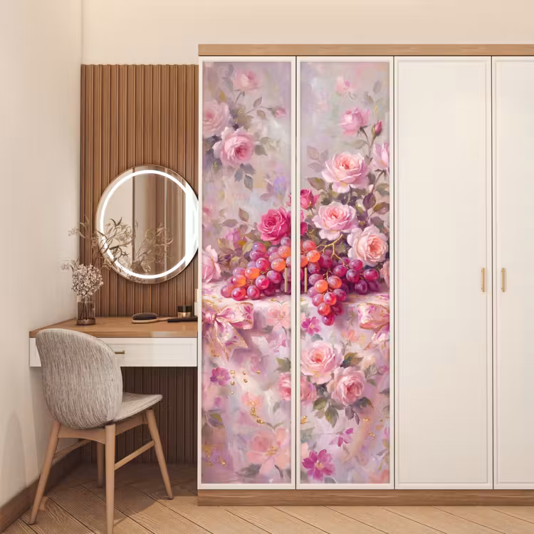 Eten - Bloemen - Stilleven - Roze - Goud deurposter klein -sfeer3