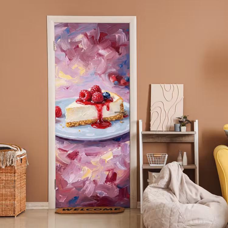 Eten - Cheesecake - Bessen - Abstract - Roze deurposter klein -sfeer1