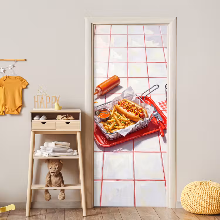 Eten - Hotdog - Fastfood - Modern - Rood deurposter klein -sfeer4