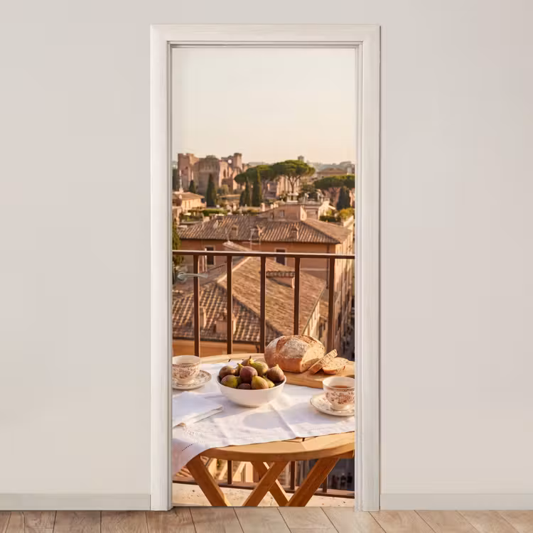Eten - Ontbijt - Balkon - Stad - Zonsopgang deurposter klein -3d_beige