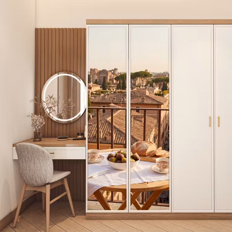 Eten - Ontbijt - Balkon - Stad - Zonsopgang deurposter klein -sfeer3