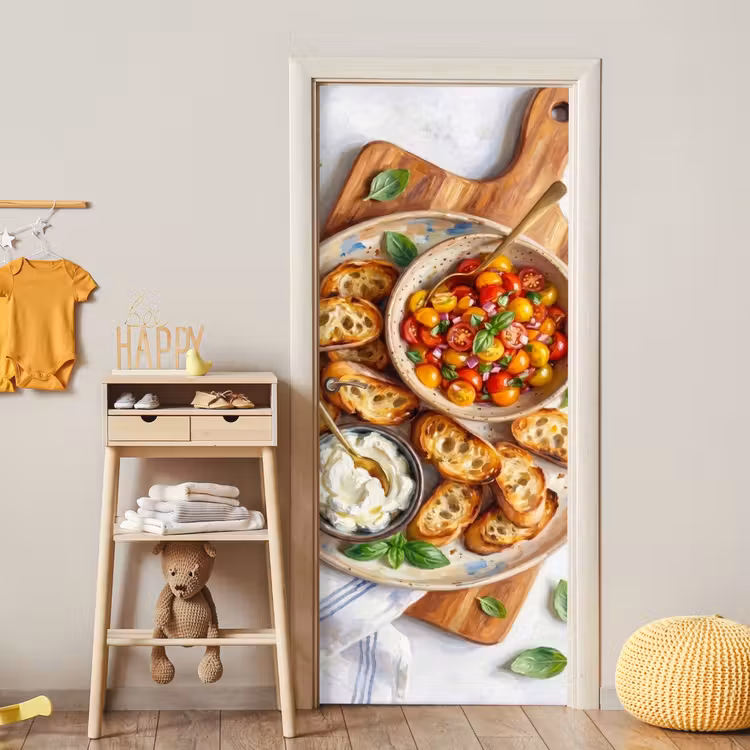 Eten - Tomaat - Brood - Kleurrijk - Keuken deurposter klein -sfeer4