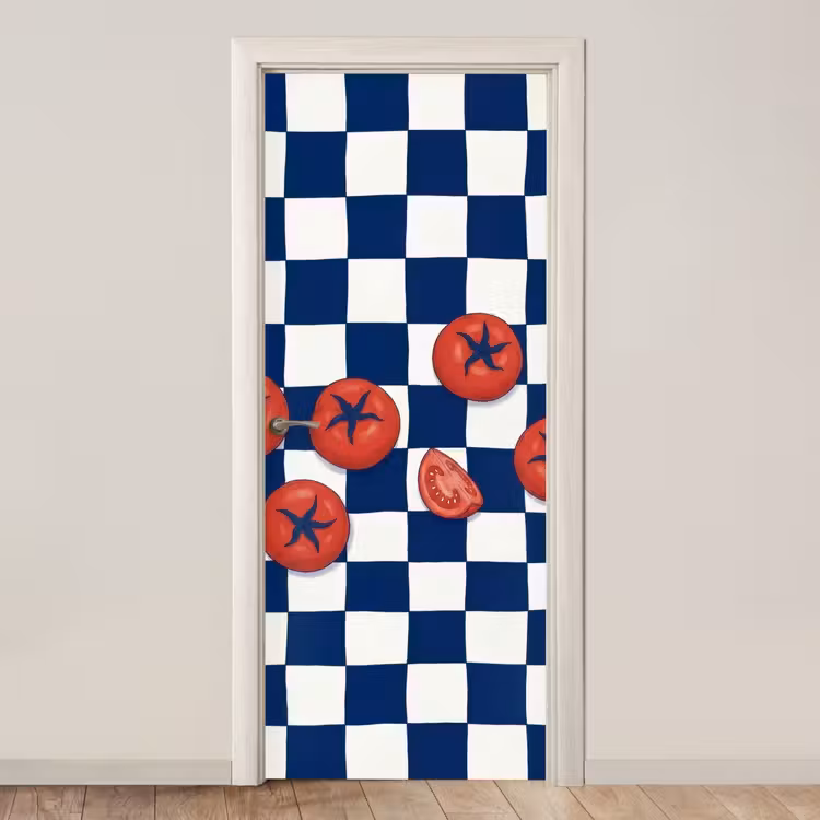 Eten - Tomaten - Keuken - Illustratie - Rood-Blauw deurposter klein -3d_beige