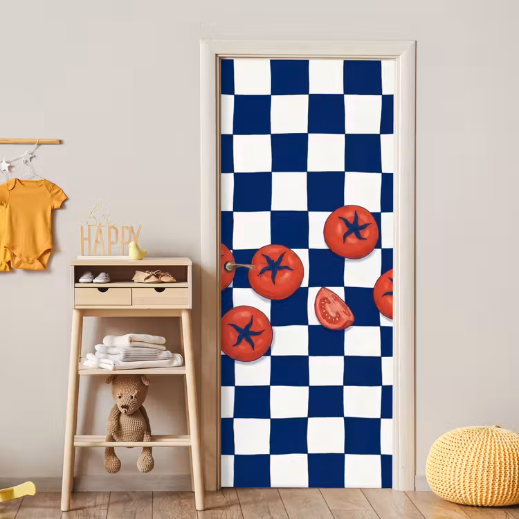 Eten - Tomaten - Keuken - Illustratie - Rood-Blauw deurposter klein -sfeer4