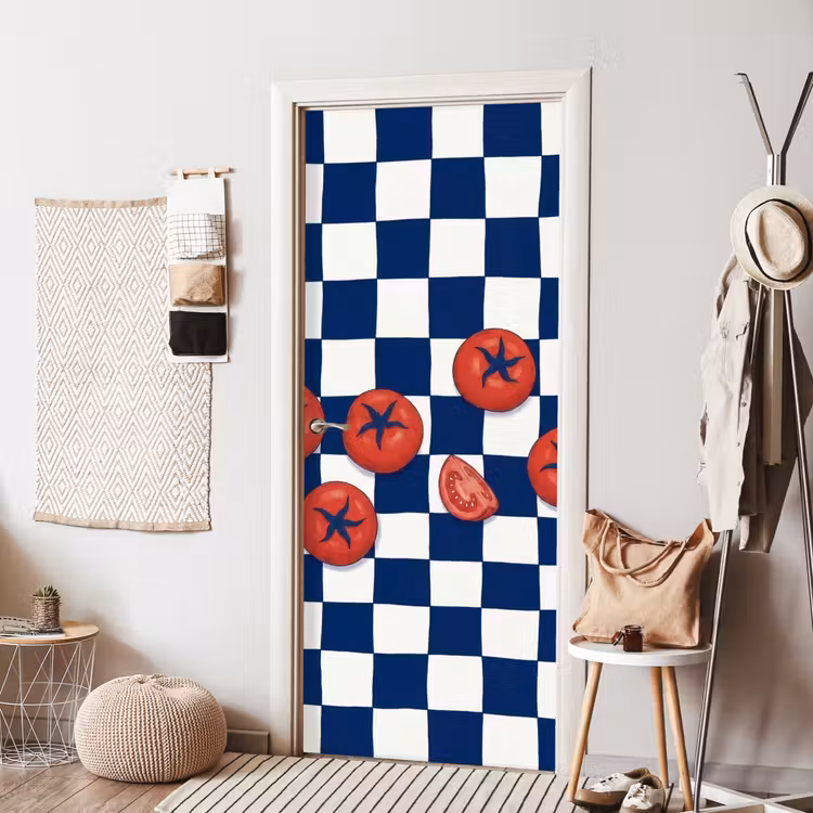 Eten - Tomaten - Keuken - Illustratie - Rood-Blauw deurposter klein -sfeer6