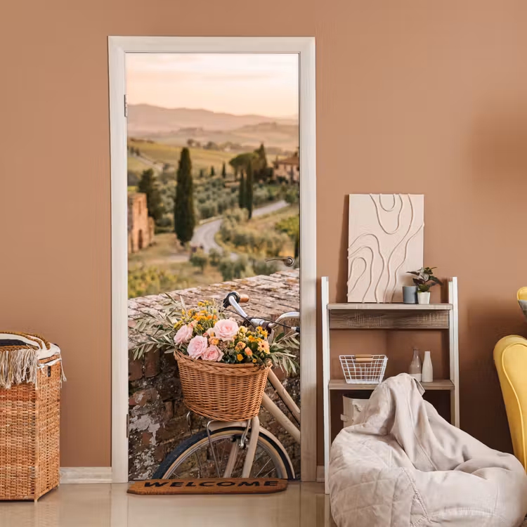 Fiets - Bloemen - Toscane - Landschap - Roze deurposter klein -sfeer1