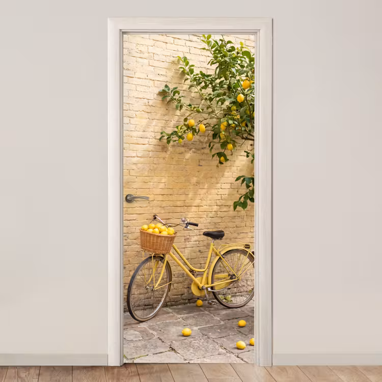 Fiets - Mand - Eten - Geel - Zomer deurposter klein -3d_beige