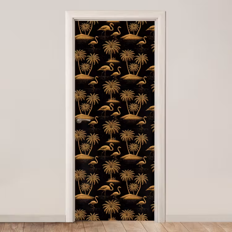 Flamingo - Palmbomen - Tropisch - Goud - Zwart deurposter klein 289 -3d_beige