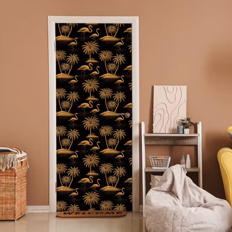 Flamingo - Palmbomen - Tropisch - Goud - Zwart deurposter klein 289 -sfeer1