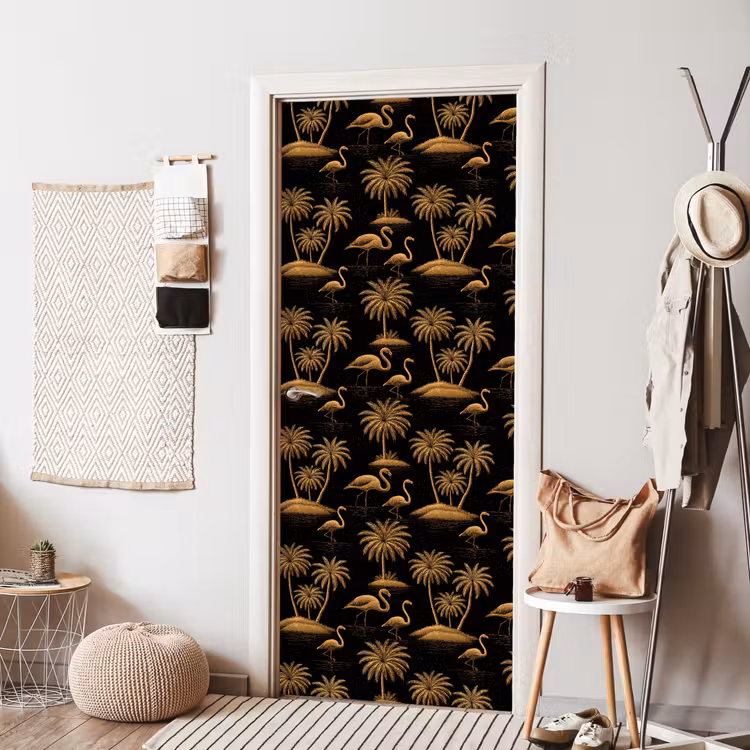 Flamingo - Palmbomen - Tropisch - Goud - Zwart deurposter klein 289 -sfeer6