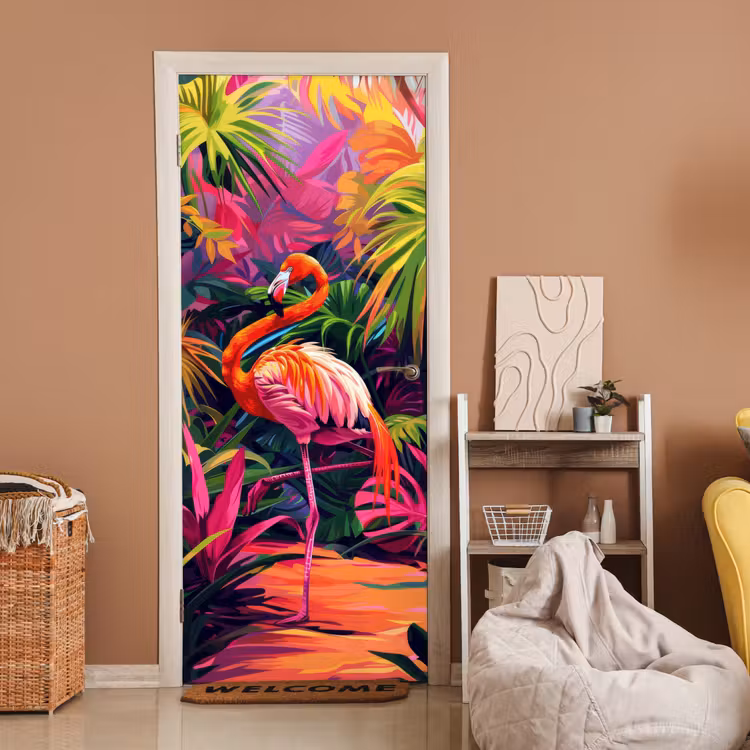 Flamingo - Tropisch - Dier - Bladeren deurposter klein -sfeer1