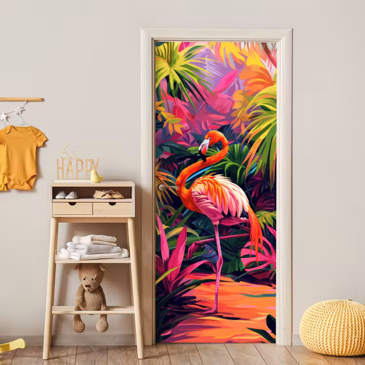 Flamingo - Tropisch - Dier - Bladeren deurposter klein -sfeer4