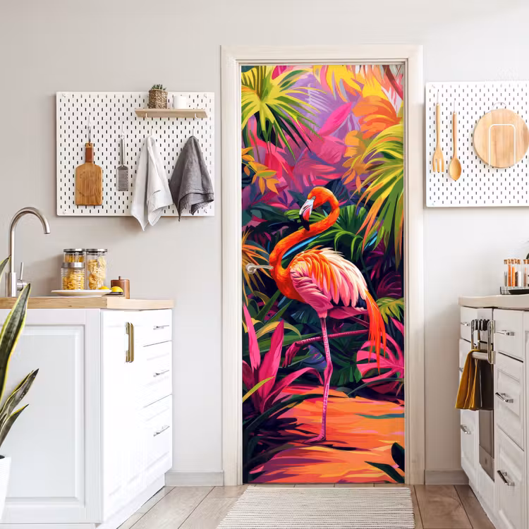Flamingo - Tropisch - Dier - Bladeren deurposter klein -sfeer5