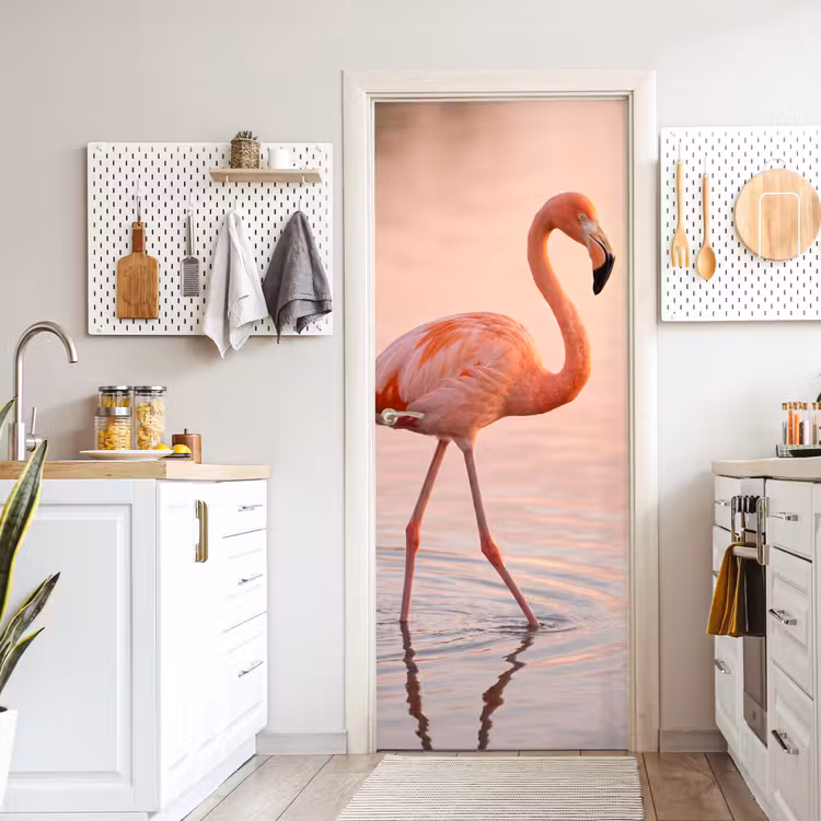 Flamingo - Water - Roze deurposter klein -sfeer5