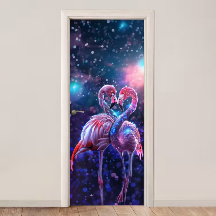 Flamingo's - Dieren - Ruimte - Galaxy deurposter klein -3d_beige