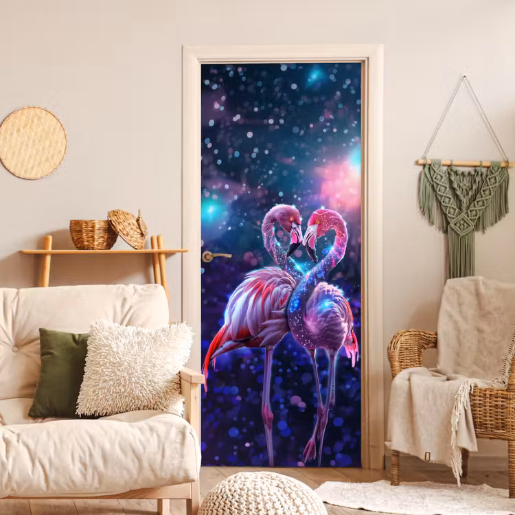 Flamingo's - Dieren - Ruimte - Galaxy deurposter klein -sfeer2