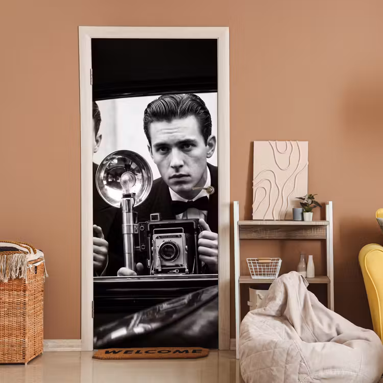 Fotograaf - Camera - Vintage - Journalistiek - Zwart-wit deurposter klein -sfeer1