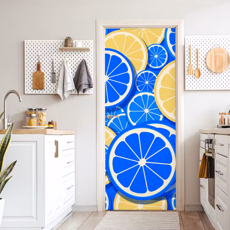 Fruit - Schijven - Patroon - Modern - Blauw - Geel deurposter klein -sfeer5