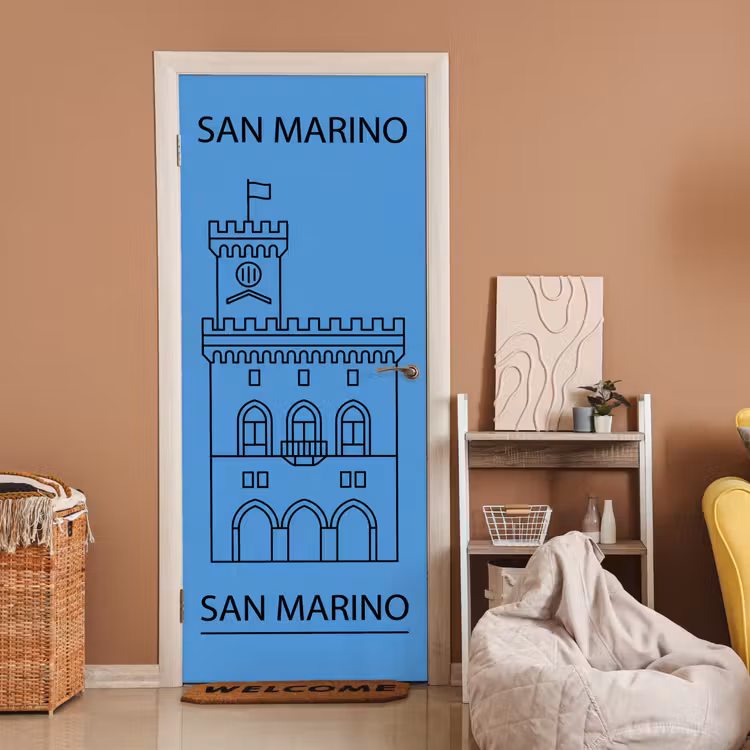 Gebouw - San Marino - Architectuur - Lijntekening - Blauw deurposter klein -sfeer1