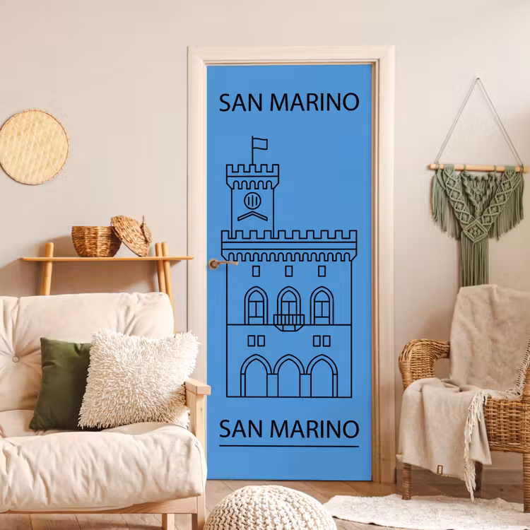 Gebouw - San Marino - Architectuur - Lijntekening - Blauw deurposter klein -sfeer2
