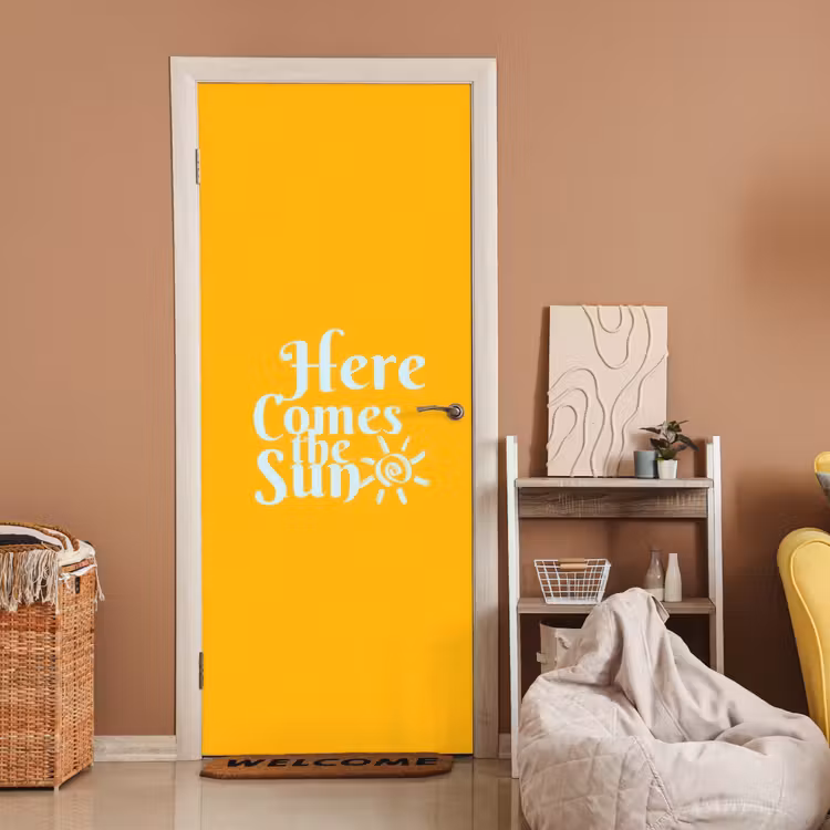 Geel - Blauw - Here comes the sun deurposter klein -sfeer1