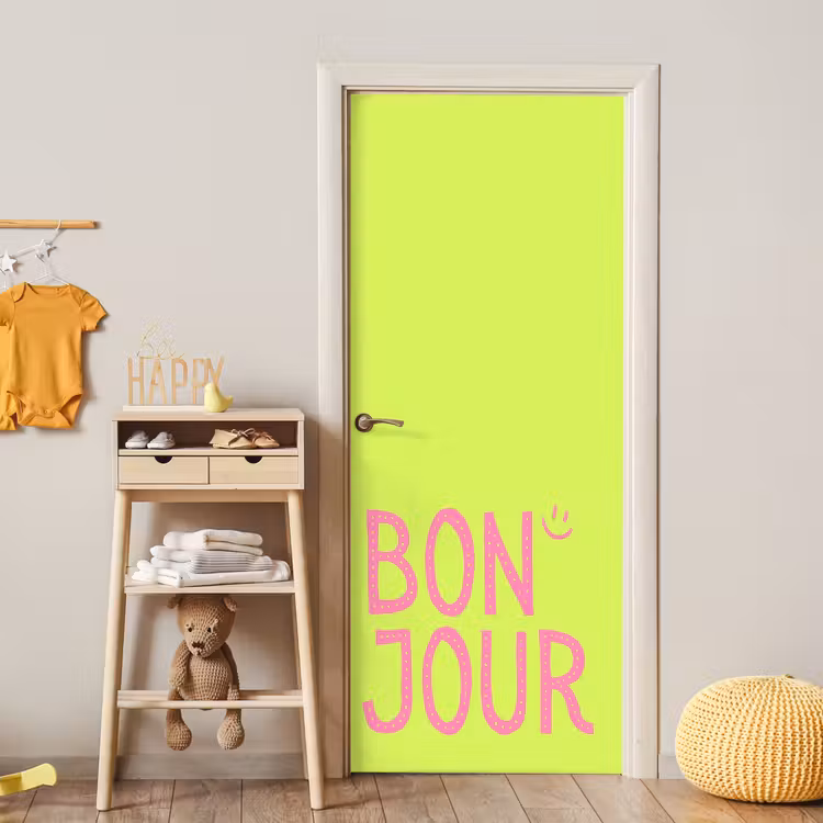 Groen - Smiley - Bonjour - Roze deurposter klein -sfeer4