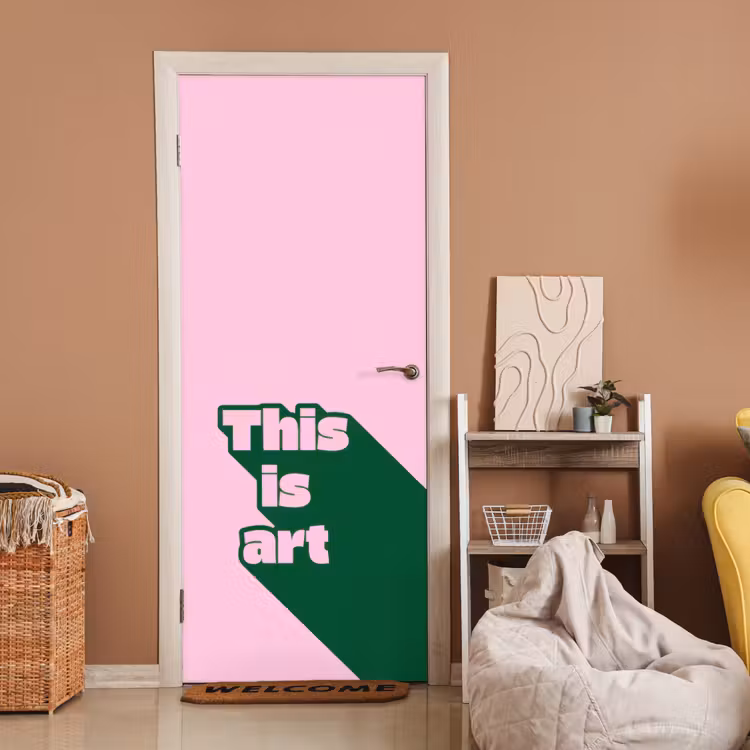 Groen - Teskt - This is art - Roze deurposter klein -sfeer1