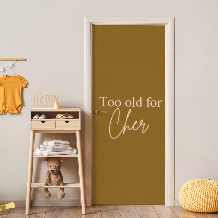 Groen - Too old for cher - Roze deurposter klein -sfeer4