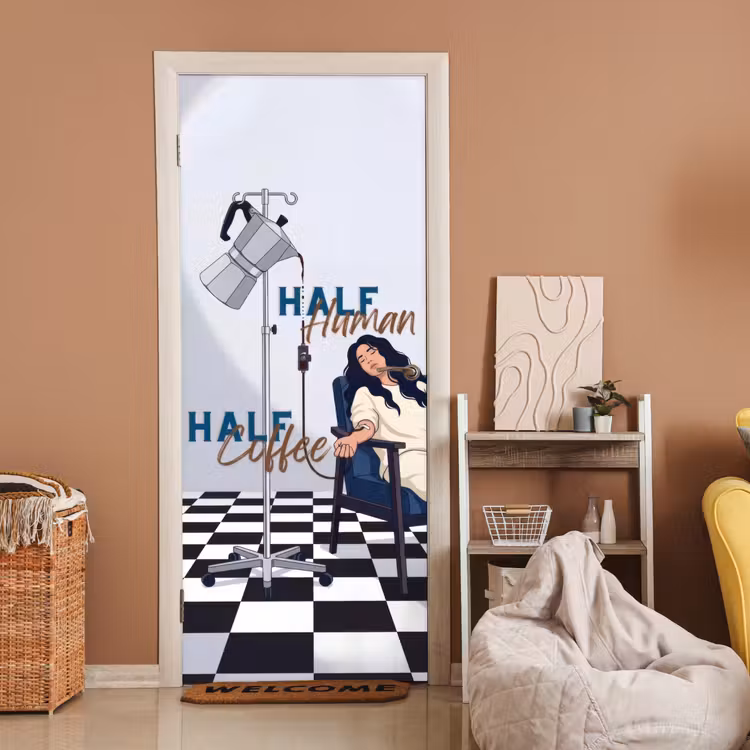 Half human, Half Coffee - Infuus - Koffie deurposter klein -sfeer1