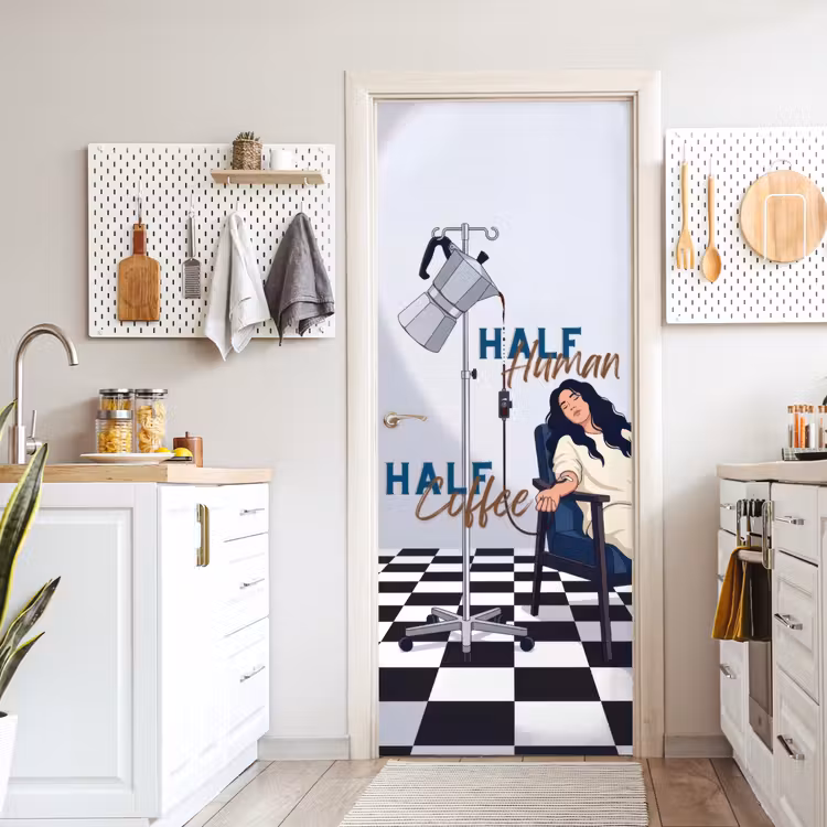 Half human, Half Coffee - Infuus - Koffie deurposter klein -sfeer5