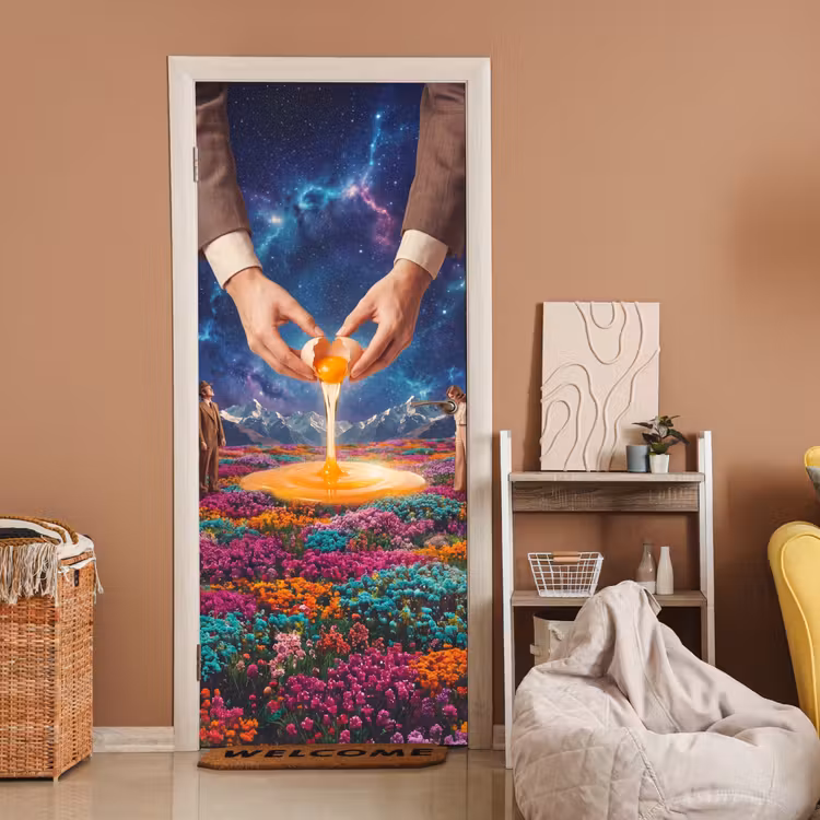 Deursticker - Handen - Ei - Surrealisme - Handen - Ei - Surrealisme deurposter klein