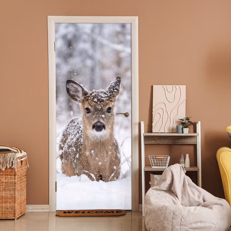 Hert - Sneeuw - Bos - Dieren - Vertederend deurposter klein -sfeer1
