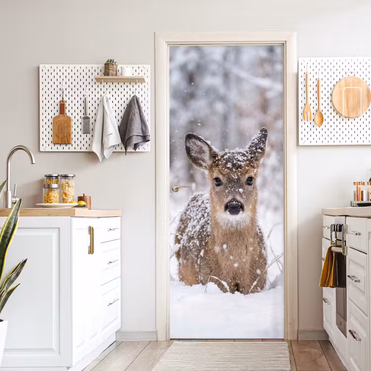 Hert - Sneeuw - Bos - Dieren - Vertederend deurposter klein -sfeer5