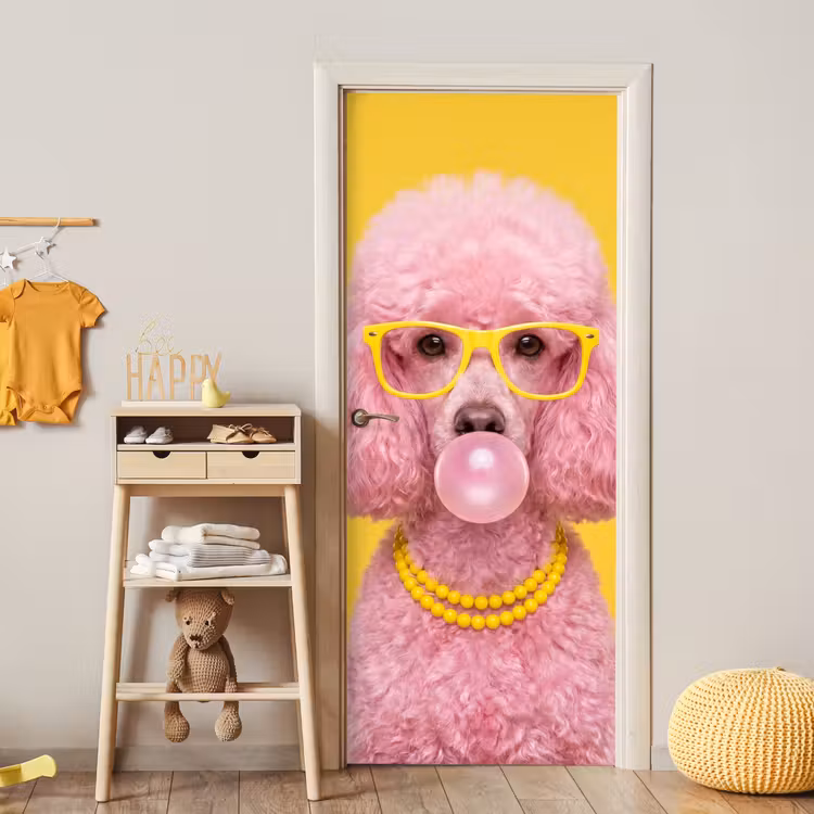 Hond - Kauwgum - Dieren - Modern - Roze deurposter klein -sfeer4