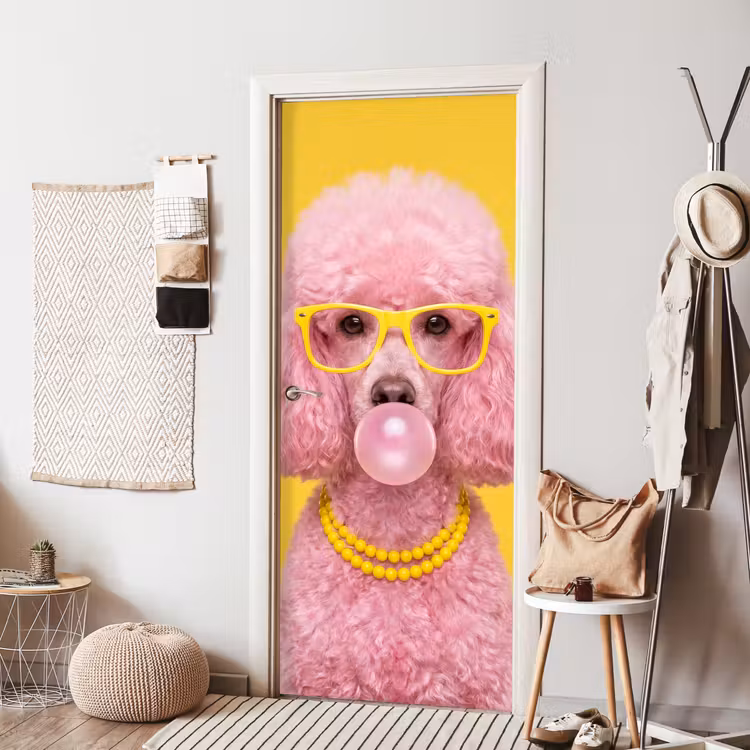Hond - Kauwgum - Dieren - Modern - Roze deurposter klein -sfeer6