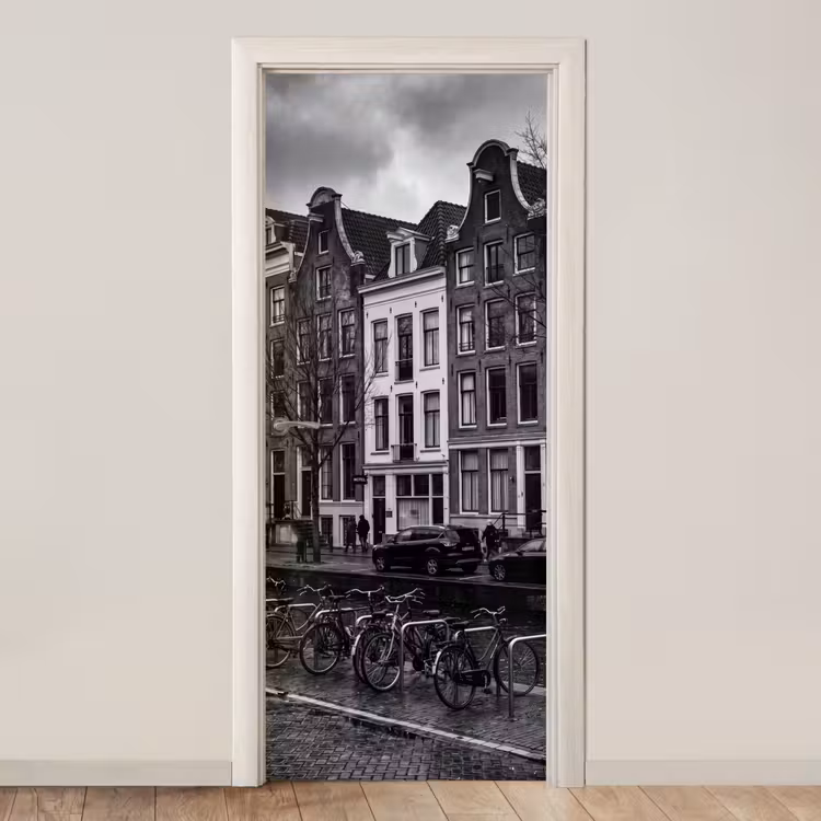 Huis - Gracht - Amsterdam - Architectuur - Zwart-wit deurposter klein -3d_beige