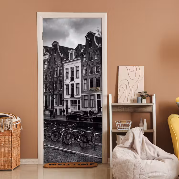 Huis - Gracht - Amsterdam - Architectuur - Zwart-wit deurposter klein -sfeer1