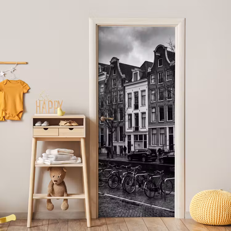 Huis - Gracht - Amsterdam - Architectuur - Zwart-wit deurposter klein -sfeer4