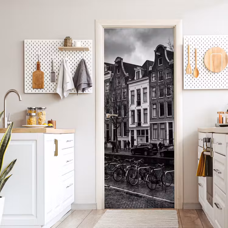 Huis - Gracht - Amsterdam - Architectuur - Zwart-wit deurposter klein -sfeer5