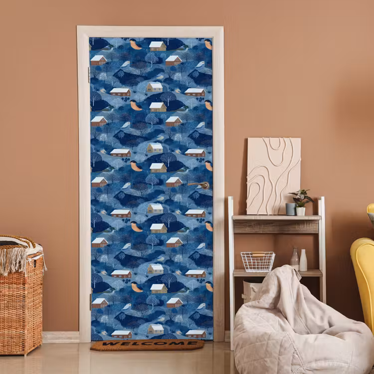 Huisjes - Vogels - Sneeuw - Winter - Blauw deurposter klein 289 -sfeer1