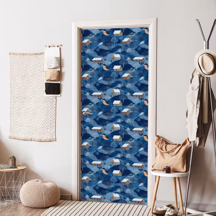 Huisjes - Vogels - Sneeuw - Winter - Blauw deurposter klein 289 -sfeer6