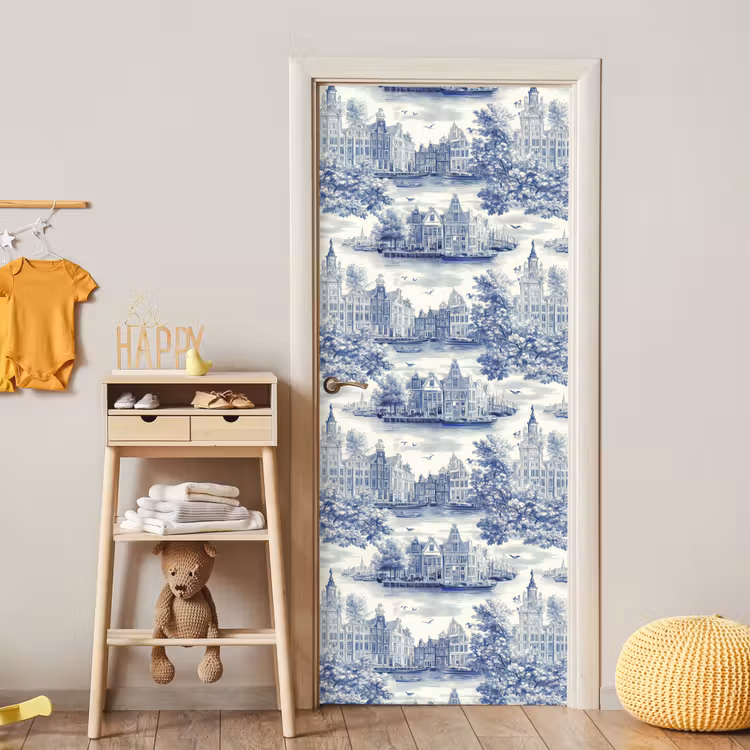 Huizen - Bomen - Water - Vogels - Blauw deurposter klein 289 -sfeer4