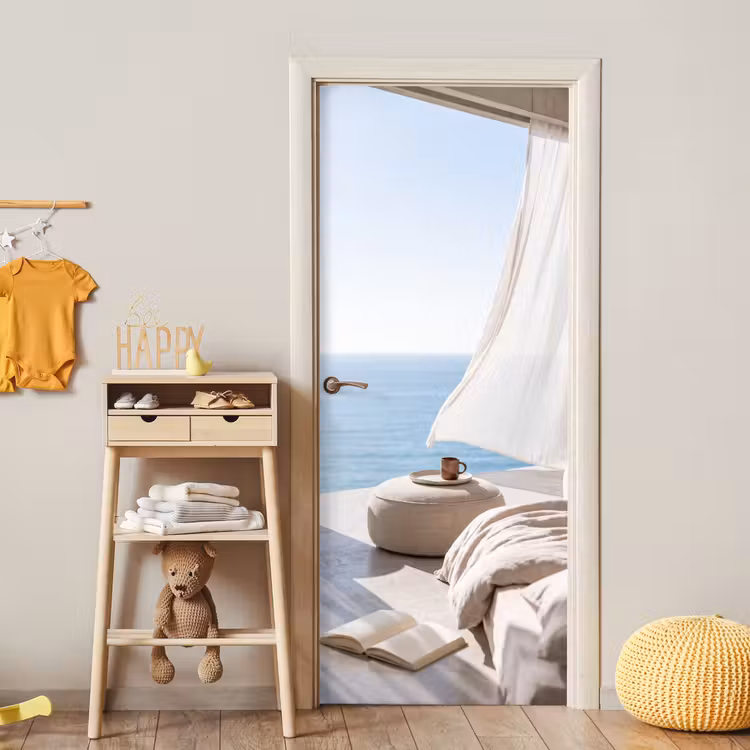 Interieur - Zeezicht - Modern - Rust - Beige deurposter klein -sfeer4