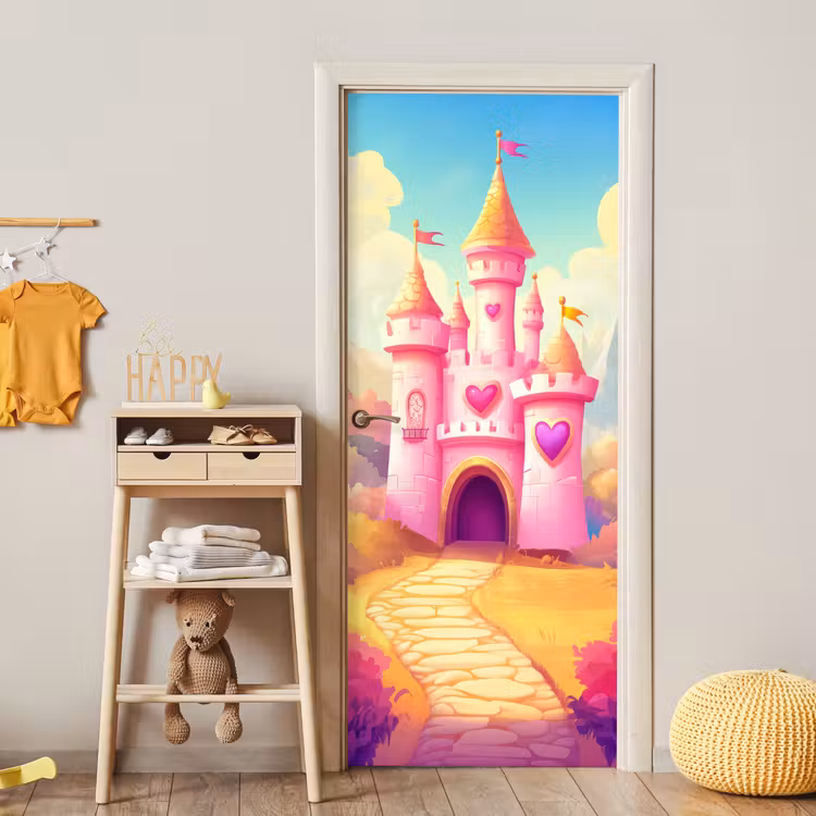 Kasteel - Roze - Pad - Sprookje - Fantasie deurposter klein -sfeer4