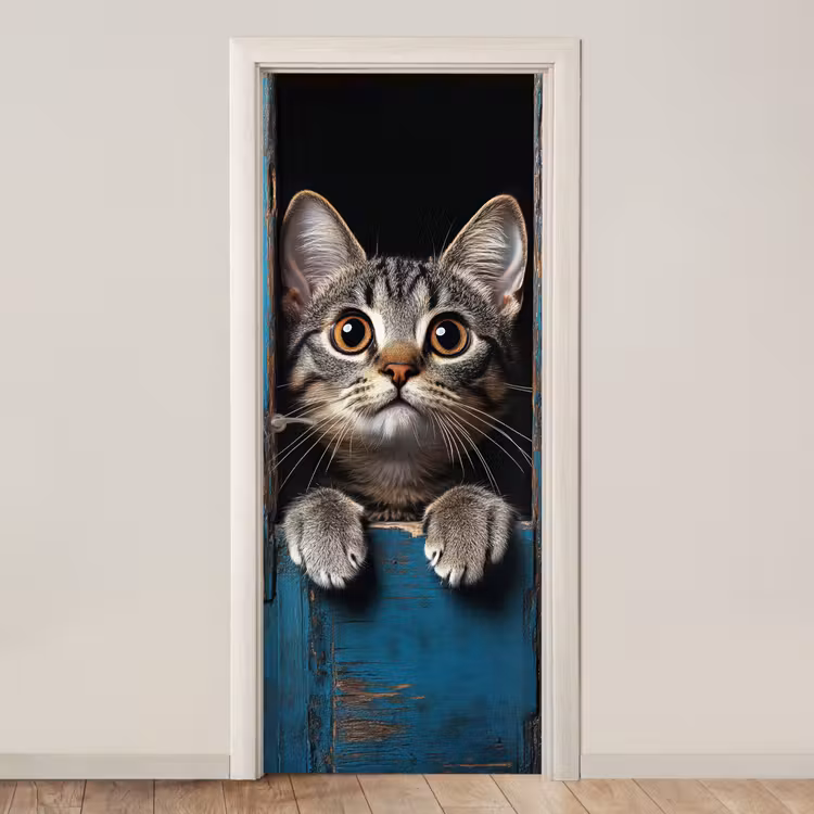 Kat - Doorkijk - Hout - Dieren - Blauw deurposter klein -3d_beige