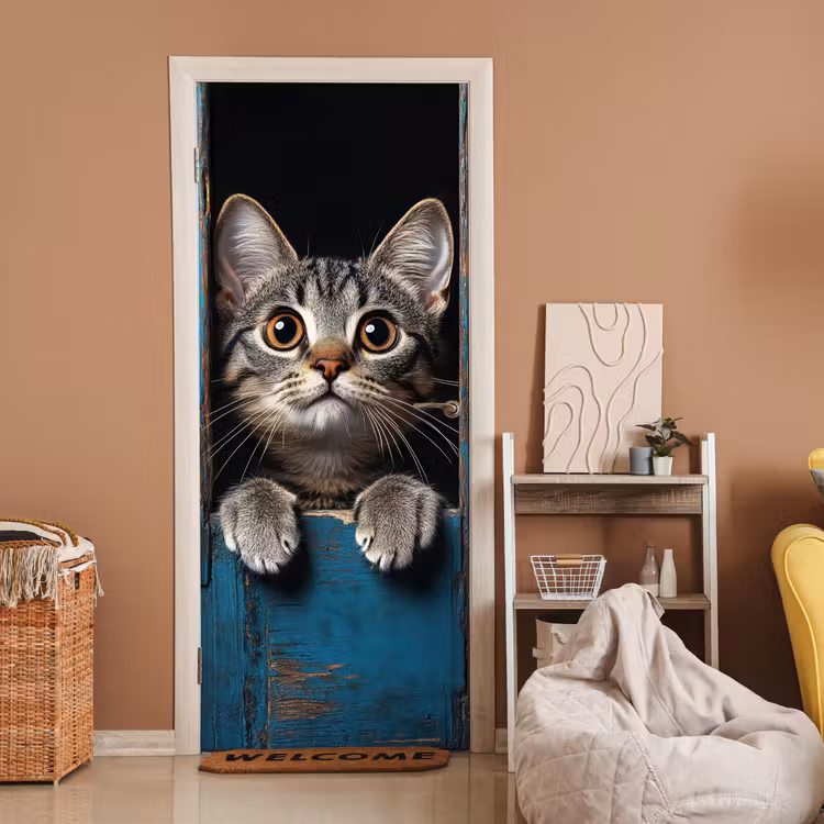 Kat - Doorkijk - Hout - Dieren - Blauw deurposter klein -sfeer1