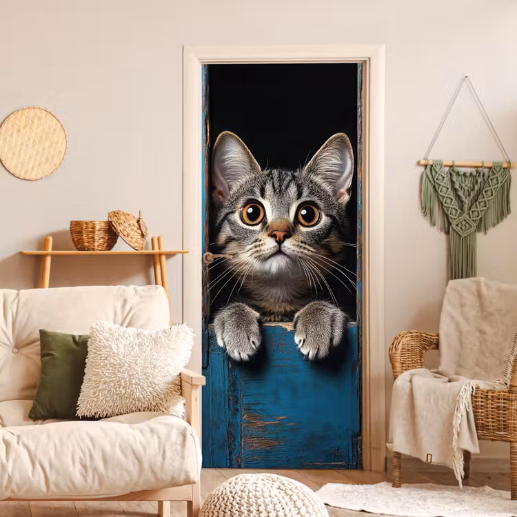 Kat - Doorkijk - Hout - Dieren - Blauw deurposter klein -sfeer2