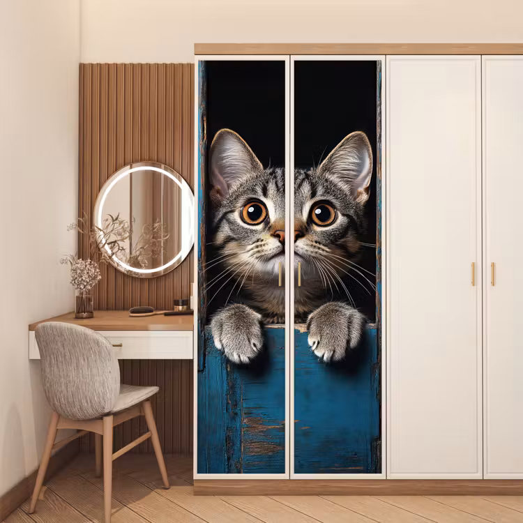 Kat - Doorkijk - Hout - Dieren - Blauw deurposter klein -sfeer3
